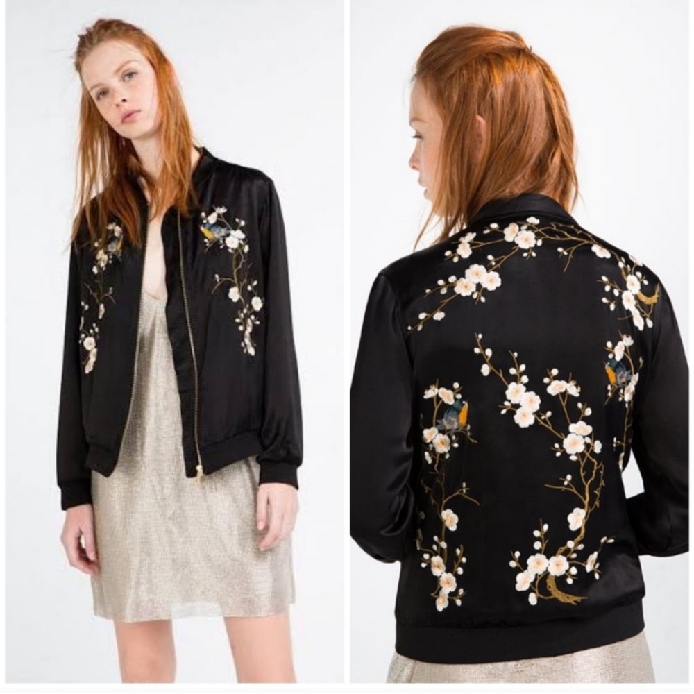 Zara cherry blossom black bomber jacket M